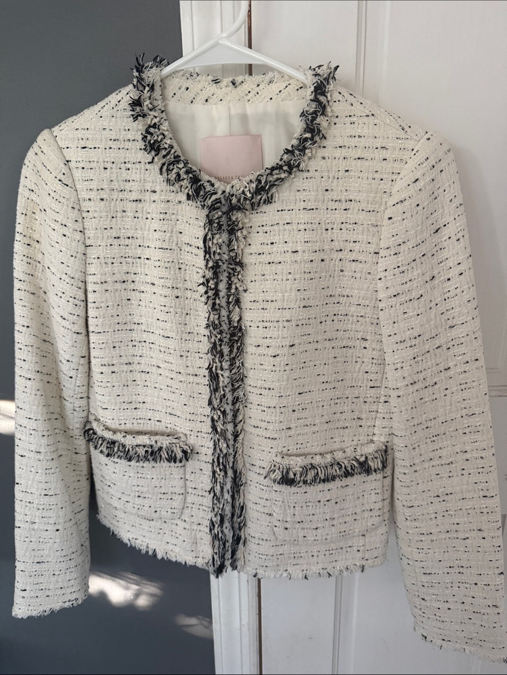 Rebecca Taylor Cream Tweed Fringe Trim Jacket